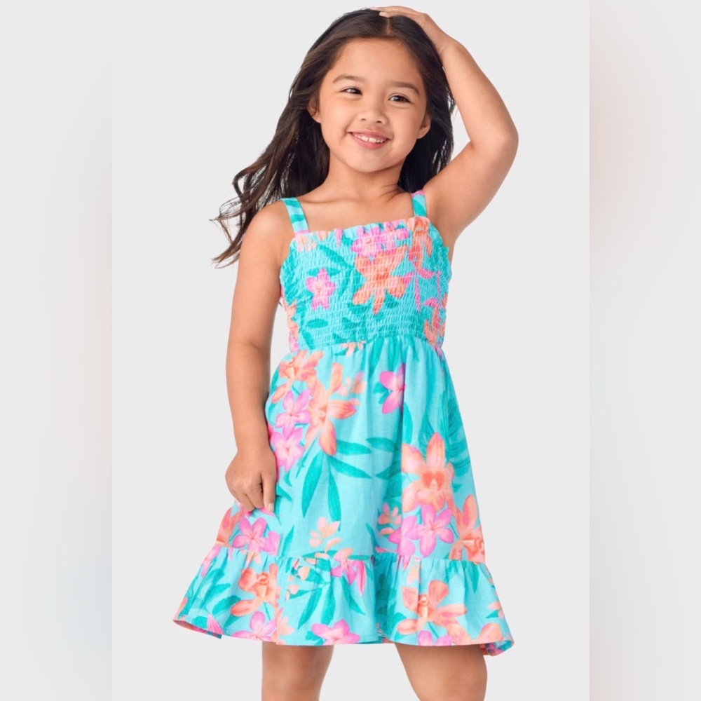 Girls Smocked Ruffle Linen Dress